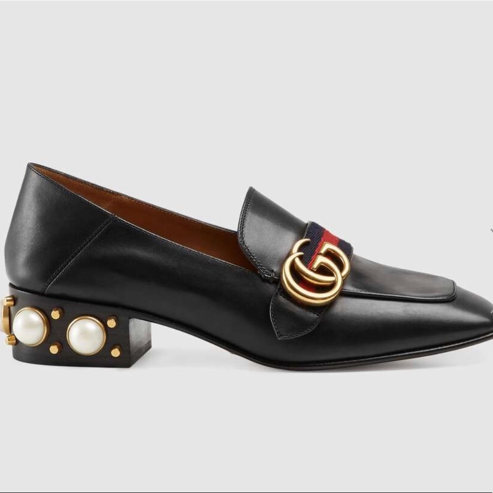 Gucci  Leather and pearl mid-heel loafer